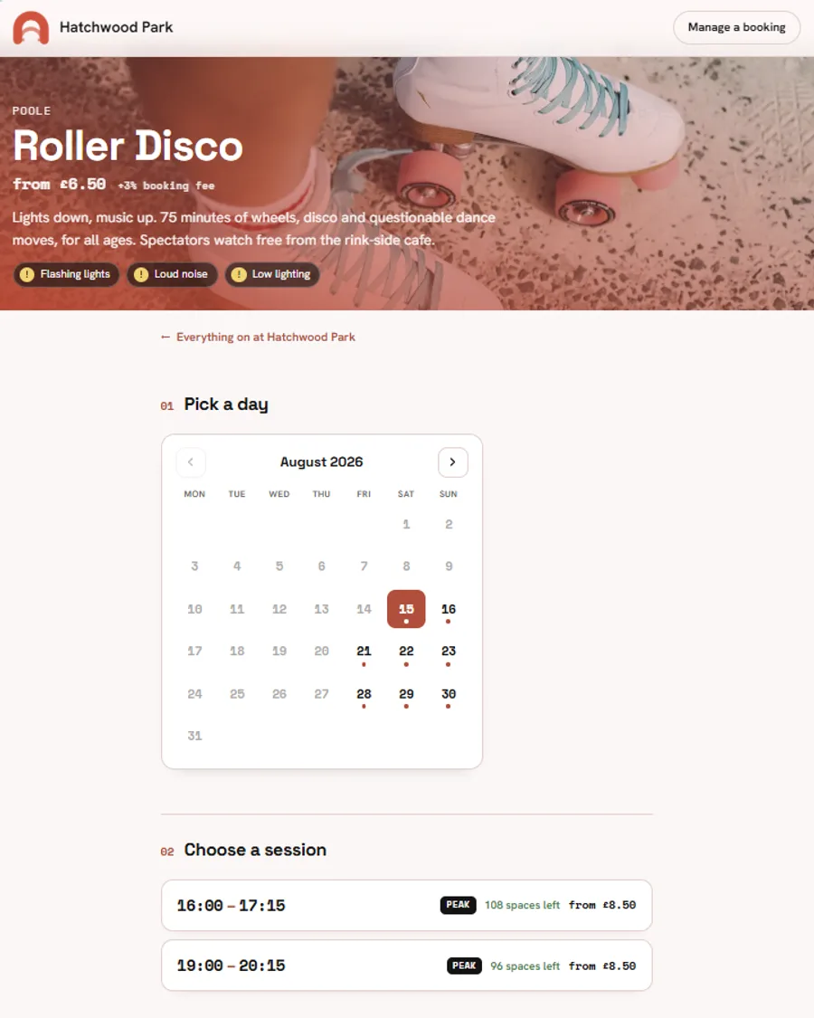 Hatchwood Park's Roller Disco booking page: a calendar headed Pick a day, then Choose a session showing 16:00 to 17:15 with 108 spaces left from £8.50